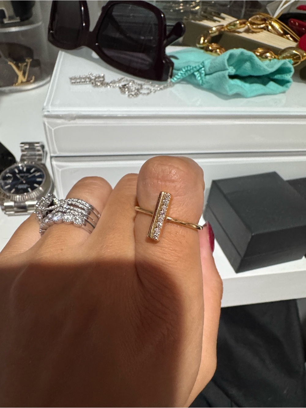 Gold Bar Diamond Accent Ring 14k